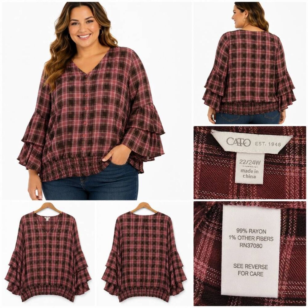 Cato Plaid Peasant Blouse 22/24W Ruffle Sleeve Pink